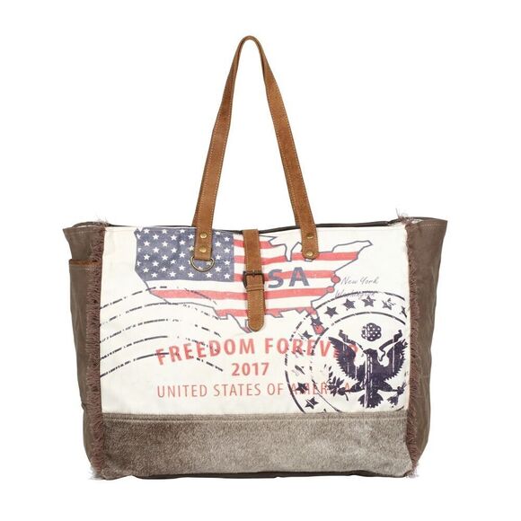 Myra Bag Handmade Partisan Weekender Bag Upcycled Canvas & Cowhide Leather - Picture 12 of 12